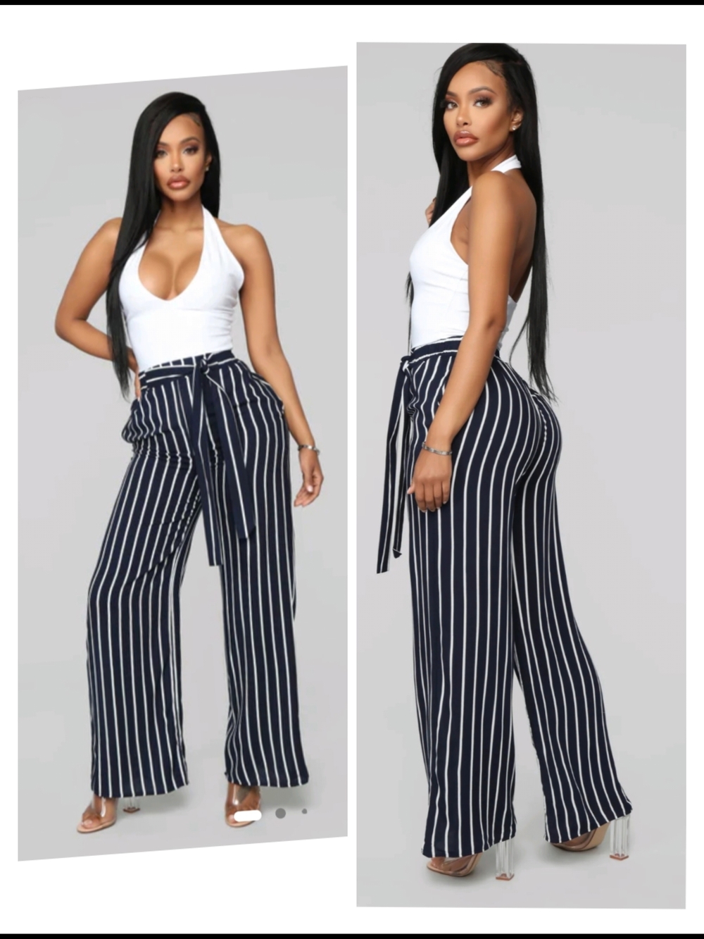 H&M D.Navy & White Vertical-Stripe Wide-Leg Pants